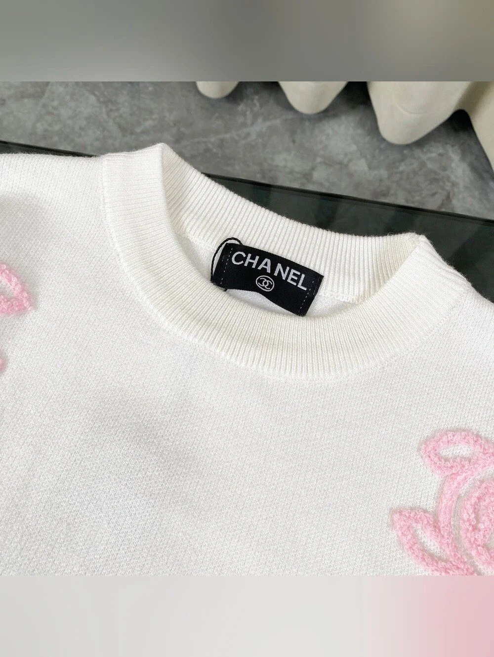CHANEL White Crewneck Sweater with Pink CC Motifs